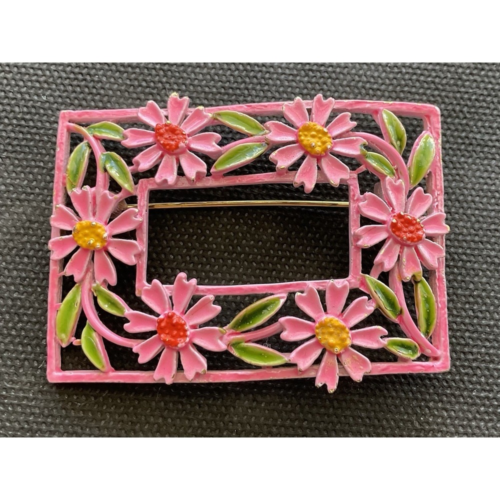vintage Arthur Pepper (signed "ART") pink rectangular daisy flower enamel Brooch